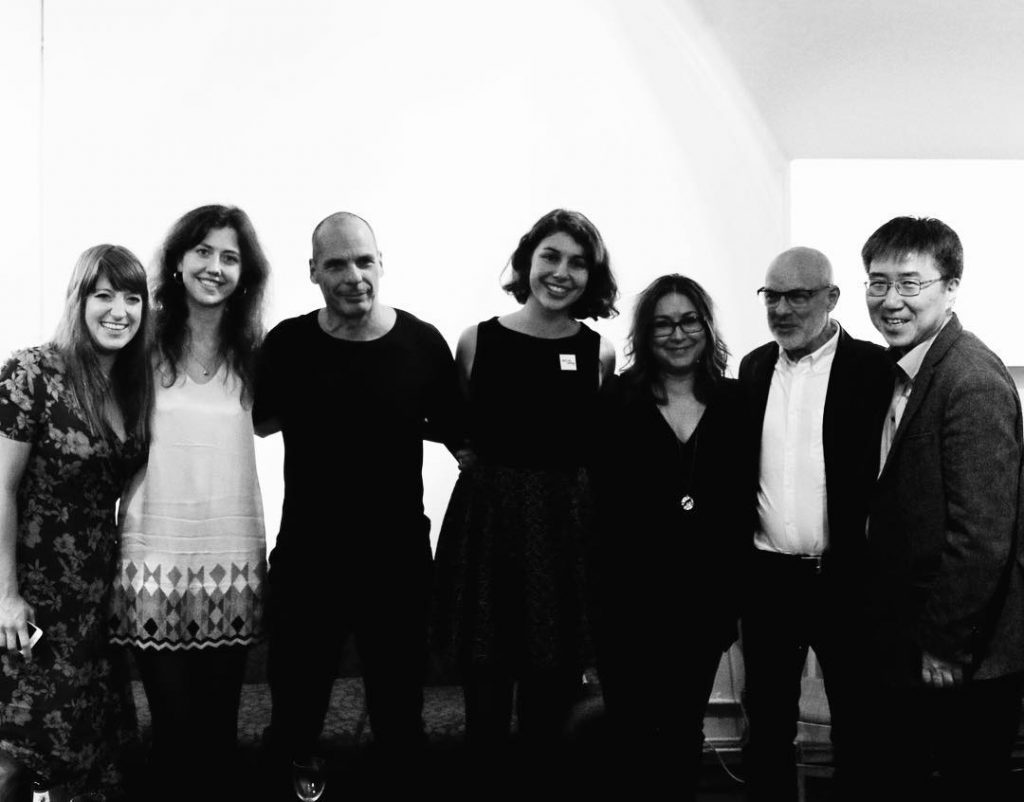 Antonia (Economy), Yanis Varoufakis, Victoria (Economy), Ayesha Hazarika, Brian Eno and Ha-Joon Chang at a recent Friends of Economy event